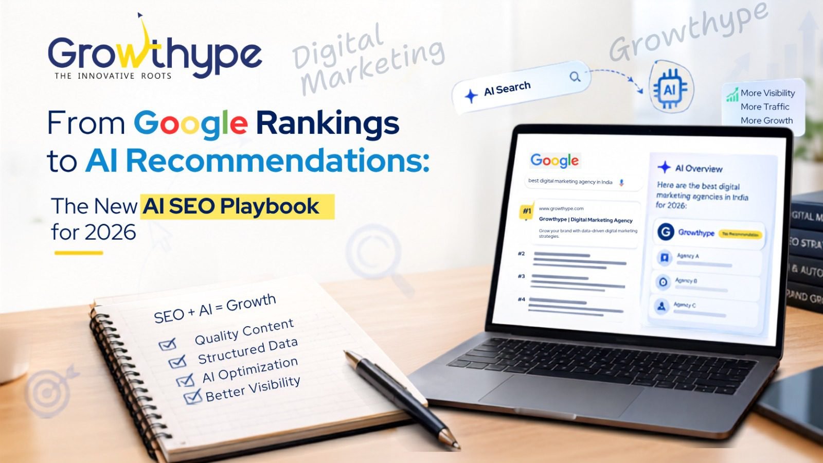 Growthype digital marketing graphic promoting the “AI SEO Playbook for 2026,” showing Google rankings, AI recommendations, a laptop with search results, and an SEO checklist.